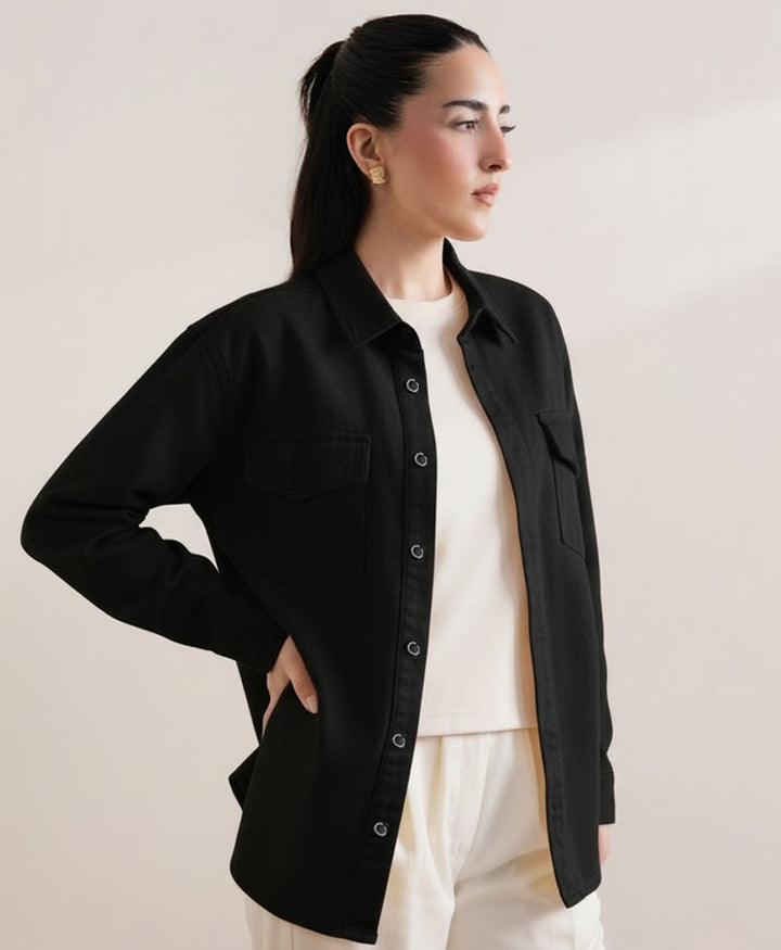 Black Denim Relaxed Fit Shacket (Women)