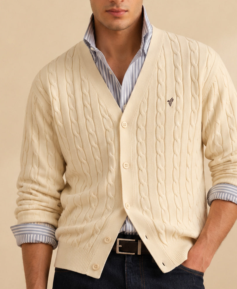 Cream White Cable knit V-Neck Cardigan