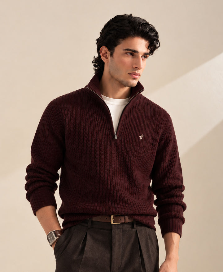Burgundy Mock Zipper Sweater