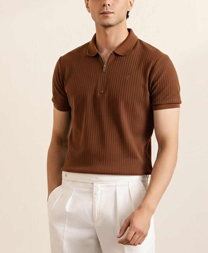 Mocha Brown Fine Drop Needle Zip POLO
