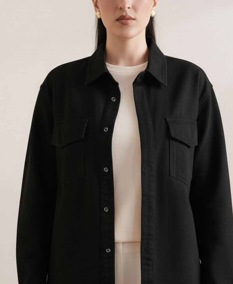 Black Denim Relaxed Fit Shacket (Women)