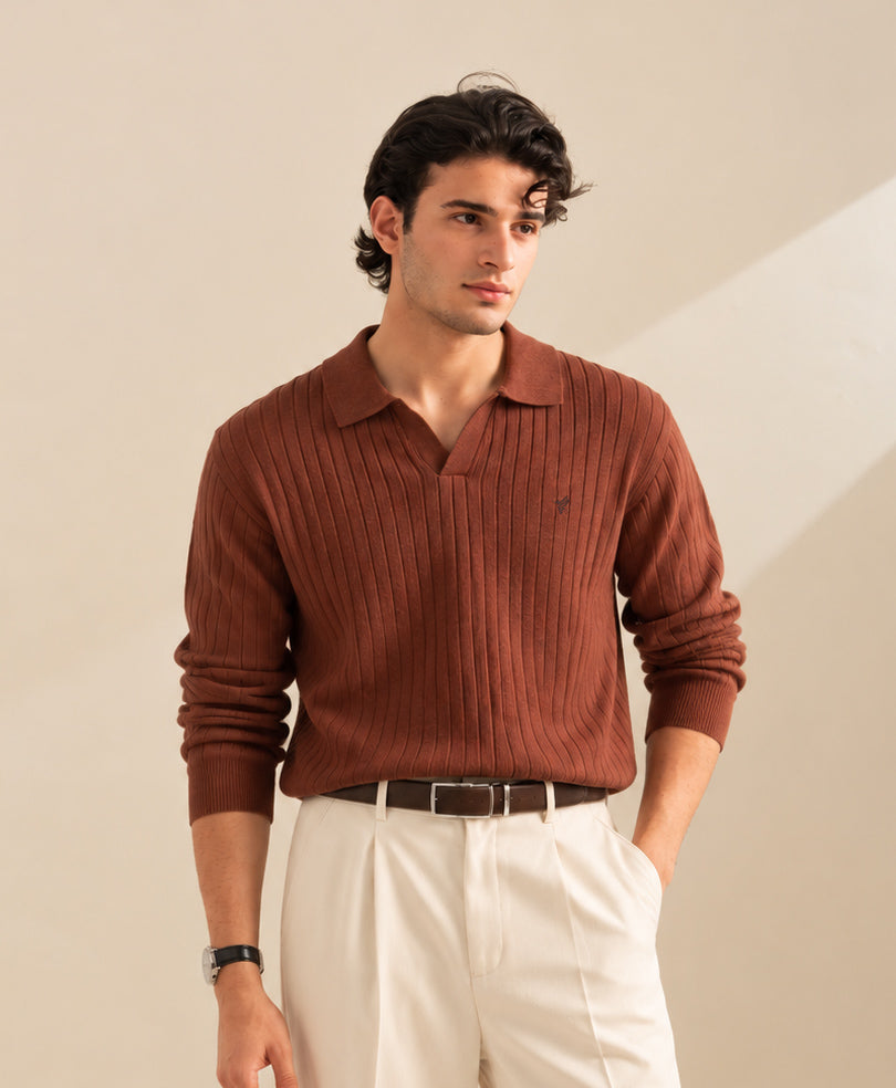 Mocha Brown Basic Ribbed POLO Sweater