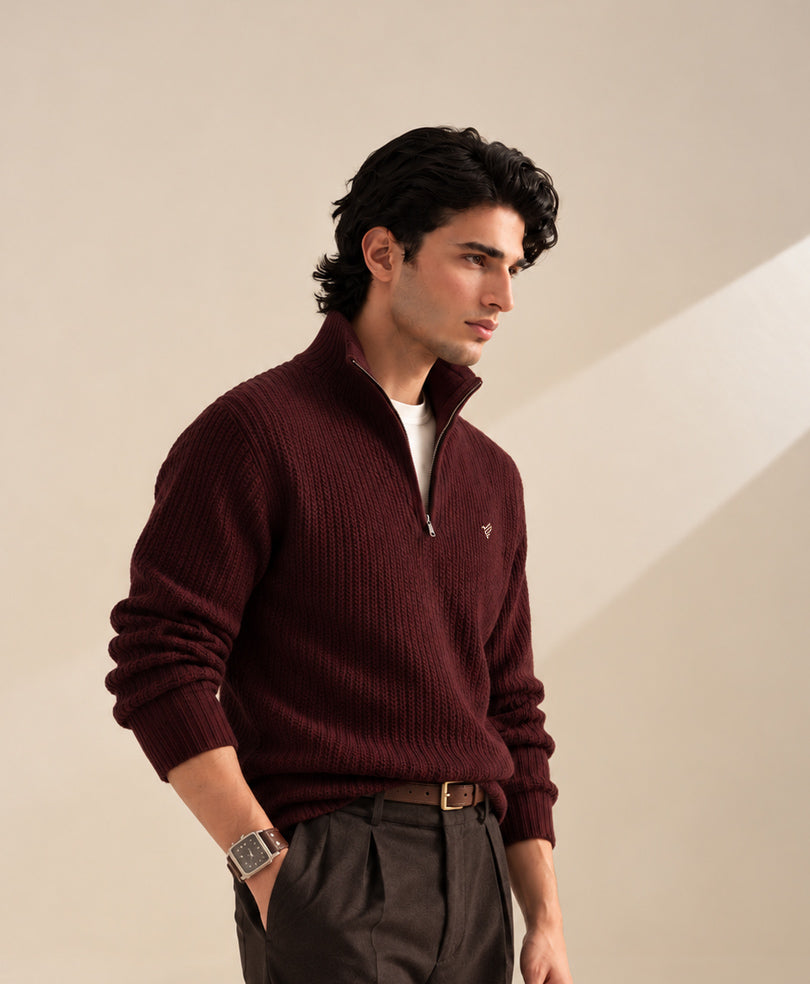 Burgundy Mock Zipper Sweater
