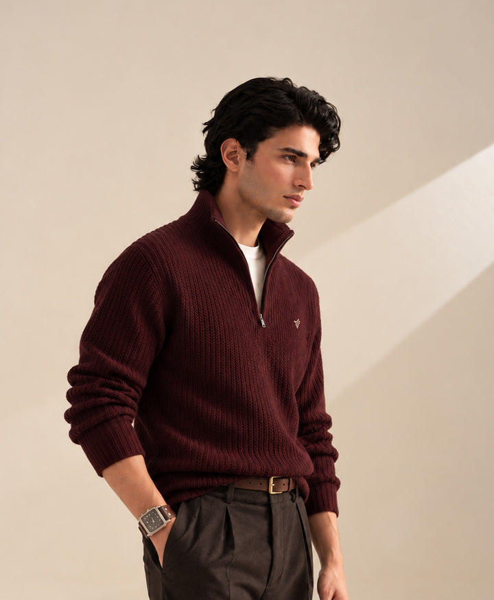 Burgundy Mock Zipper Sweater