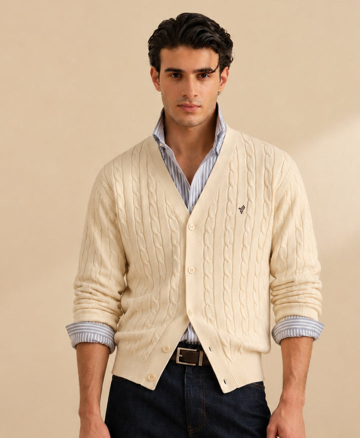 Cream White Cable knit V-Neck Cardigan