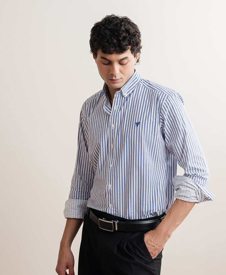 White & Navy Vertical Stripe Shirt (Slim Fit)