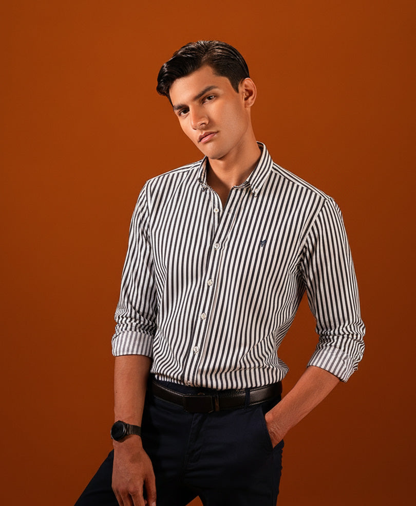 Grey & White Stripes Shirt (Slim Fit / Modern Fit)