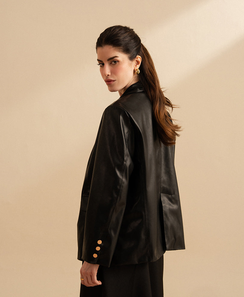 Black Leather Tailored Blazer (Women)