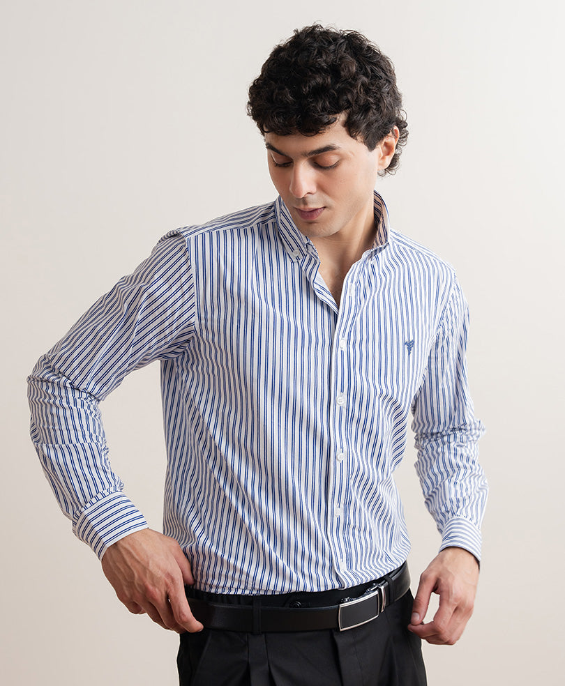 White & Navy Vertical Stripe Shirt (Slim Fit)