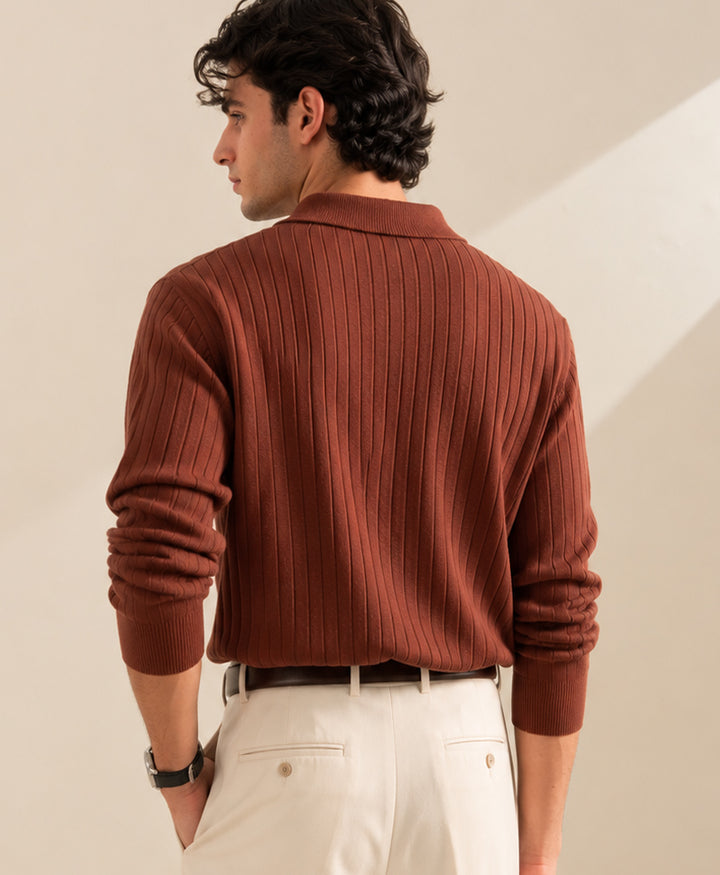 Mocha Brown Basic Ribbed POLO Sweater