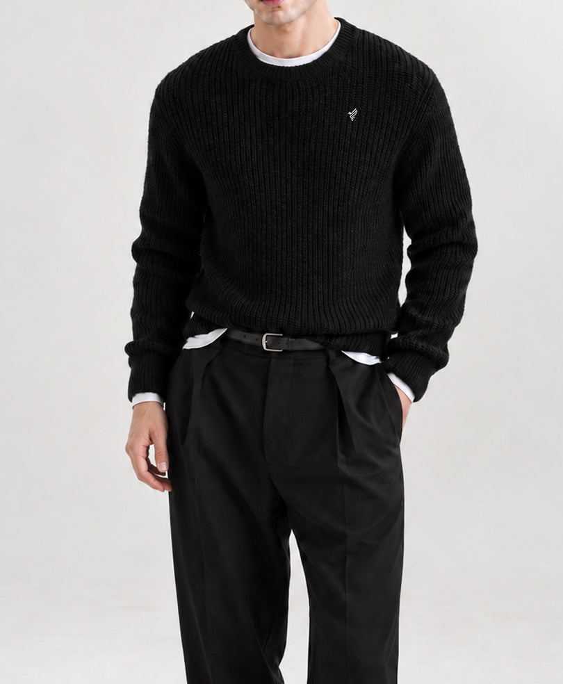 Black Basic Rib Knit Pullover