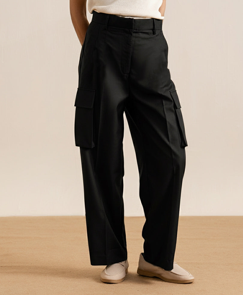 Black Cargo Wide Leg Pants (Women)