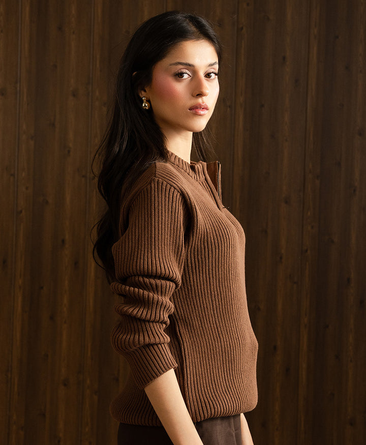 Toffee Mock Neck Zipper Sweater (Women)