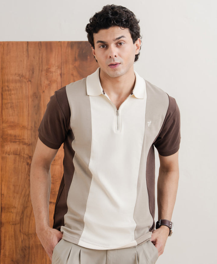 Drop Needle Contrast Zip POLO Shirt