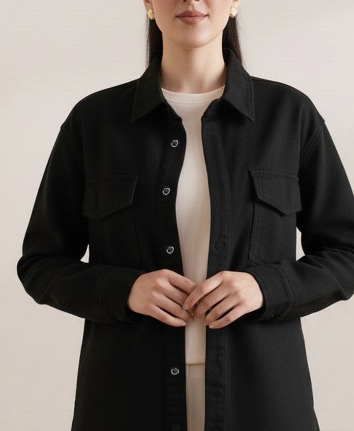 Black Denim Relaxed Fit Shacket (Women)