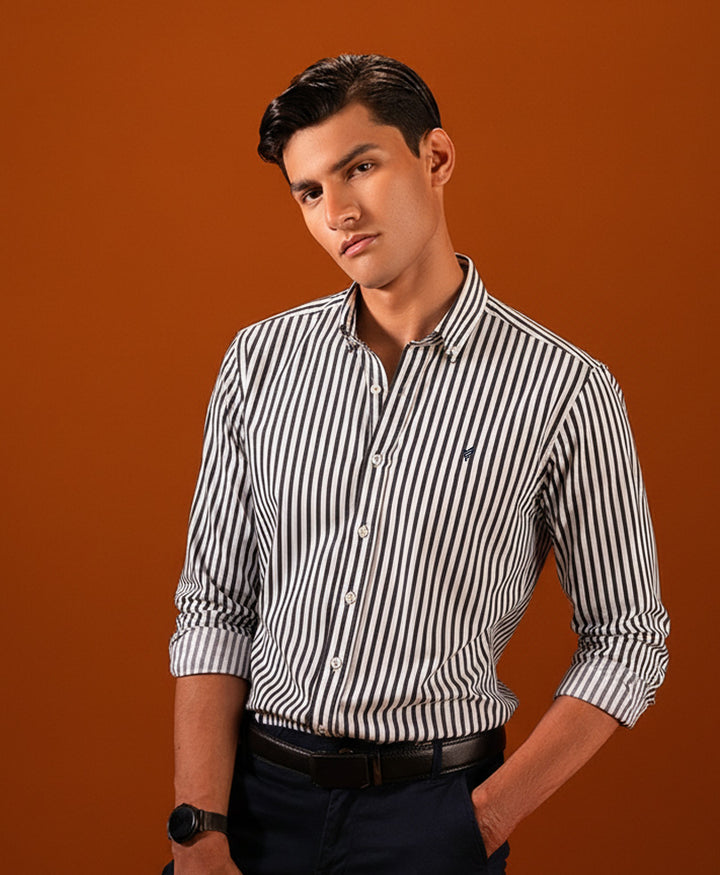 Grey & White Stripes Shirt (Slim Fit / Modern Fit)