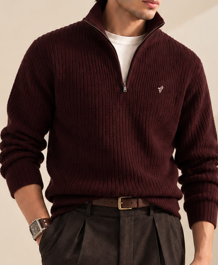 Burgundy Mock Zipper Sweater