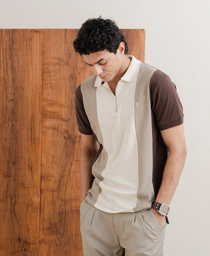 Drop Needle Contrast Zip POLO Shirt