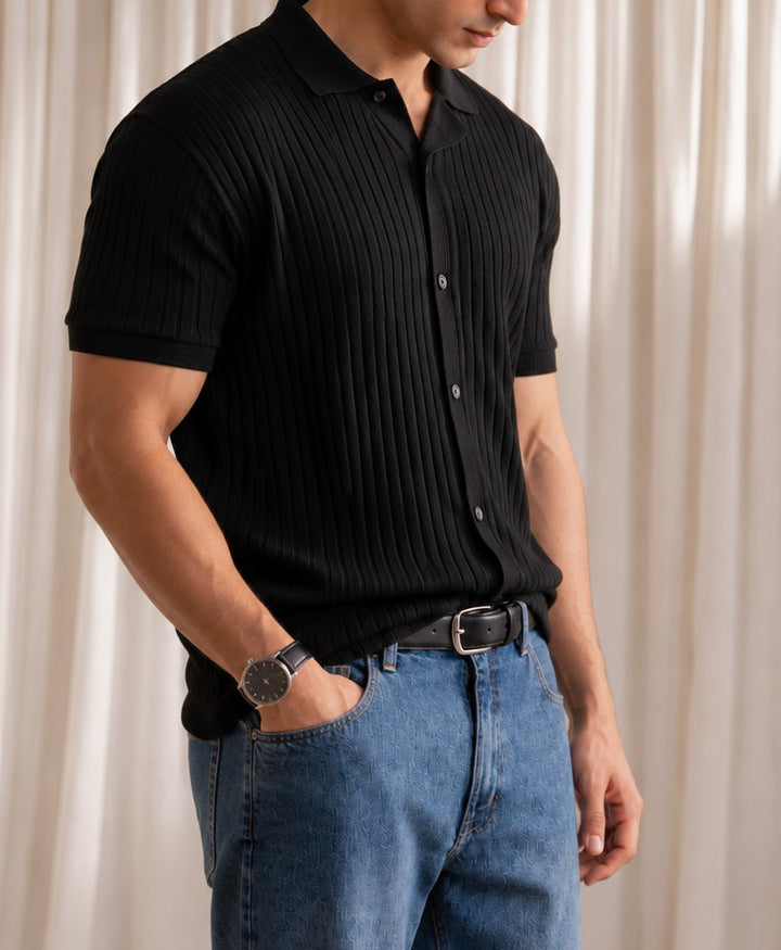 Black Textured Knitted Cuban Shirt