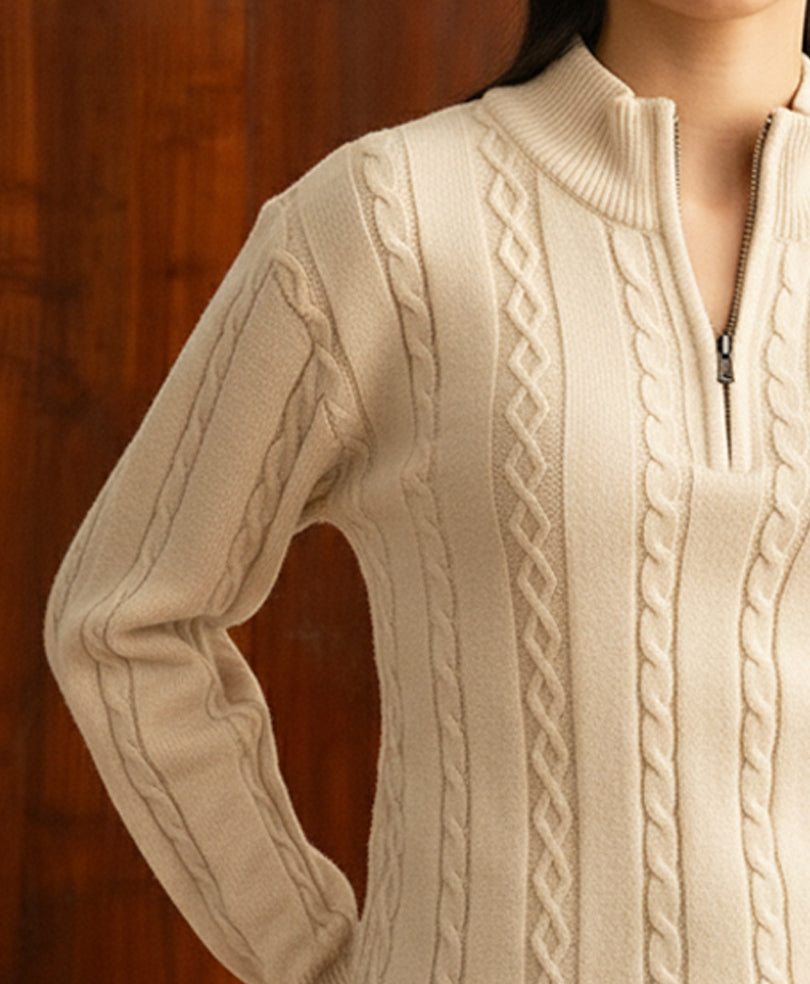 Cream Cable Zipper Sweater (Women)
