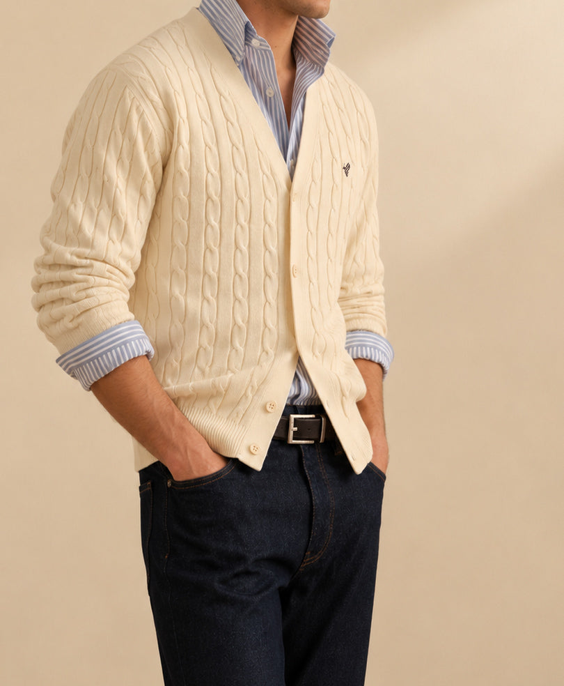 Cream White Cable knit V-Neck Cardigan