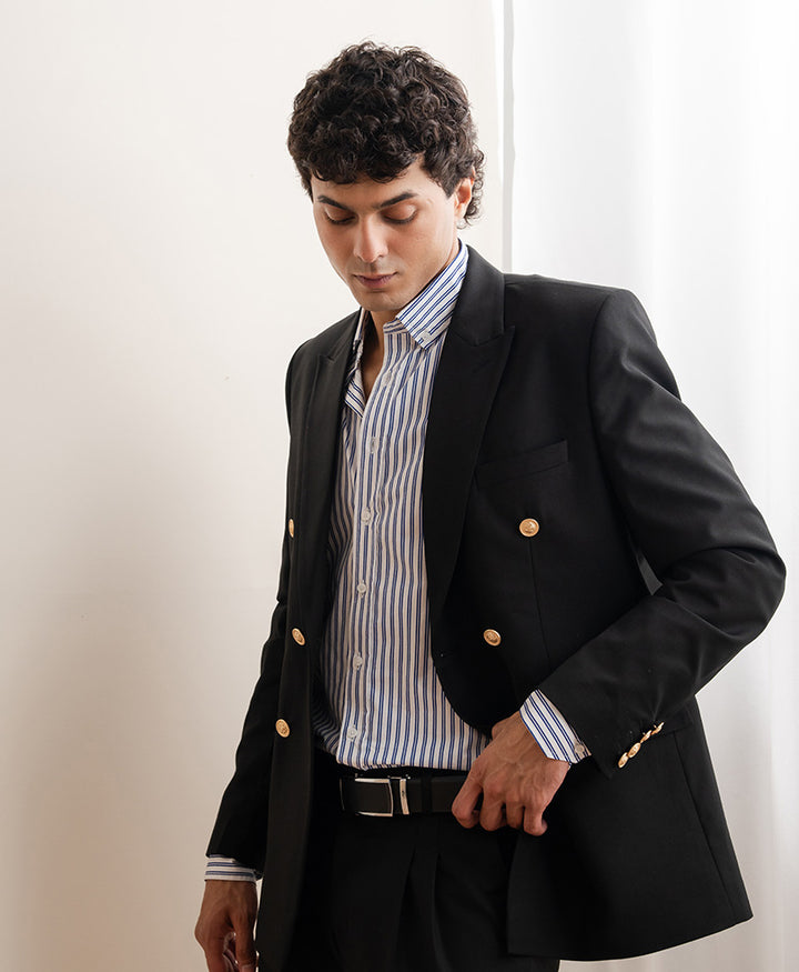 White & Navy Vertical Stripe Shirt (Slim Fit)