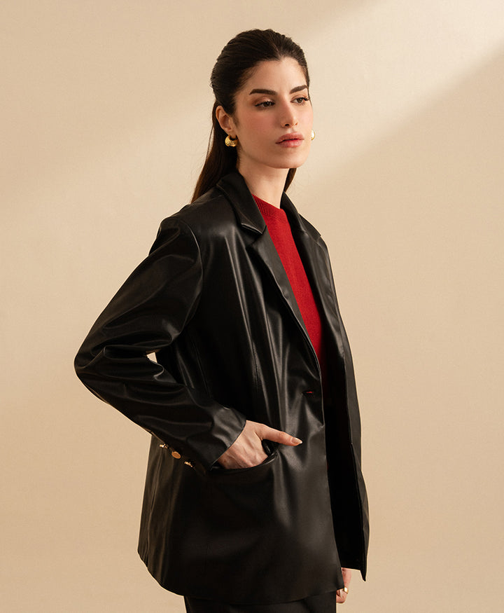 Black Leather Tailored Blazer (Women)