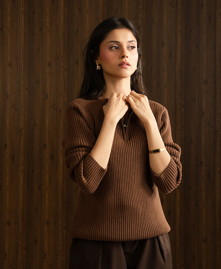 Toffee Mock Neck Zipper Sweater (Women)
