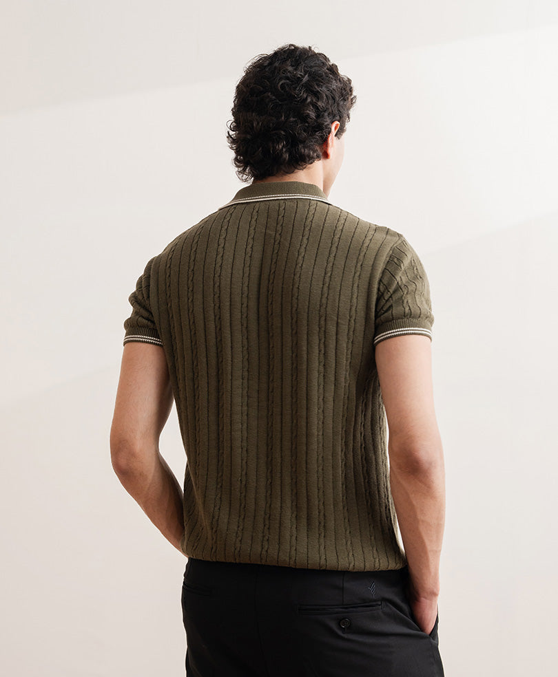 Cable knit Zip POLO Forest Olive