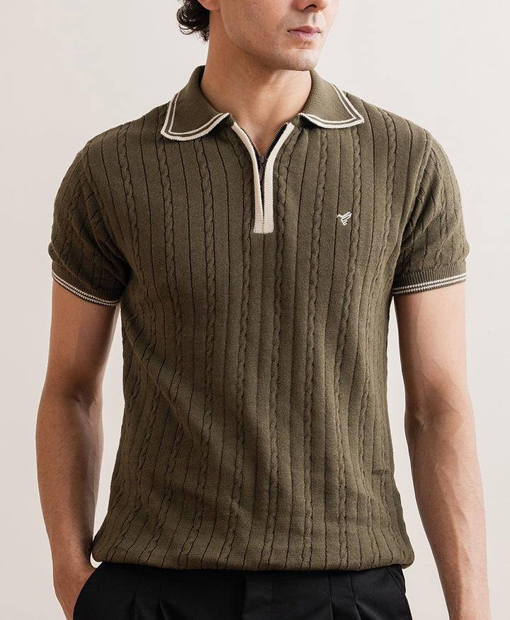 Cable knit Zip POLO Forest Olive