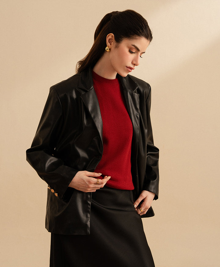 Black Leather Tailored Blazer (Women)