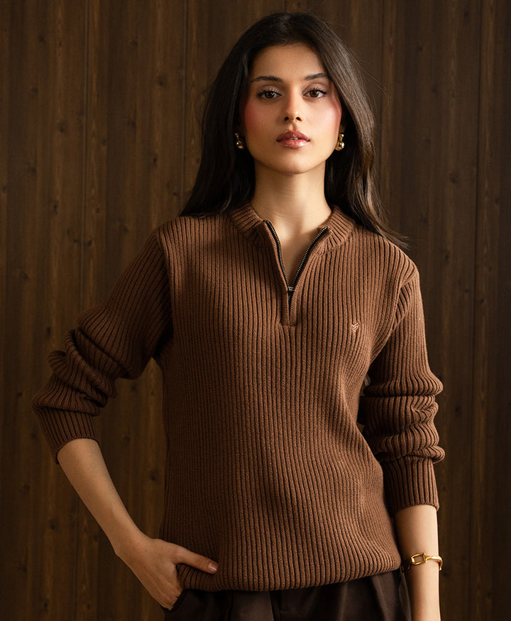 Toffee Mock Neck Zipper Sweater (Women)