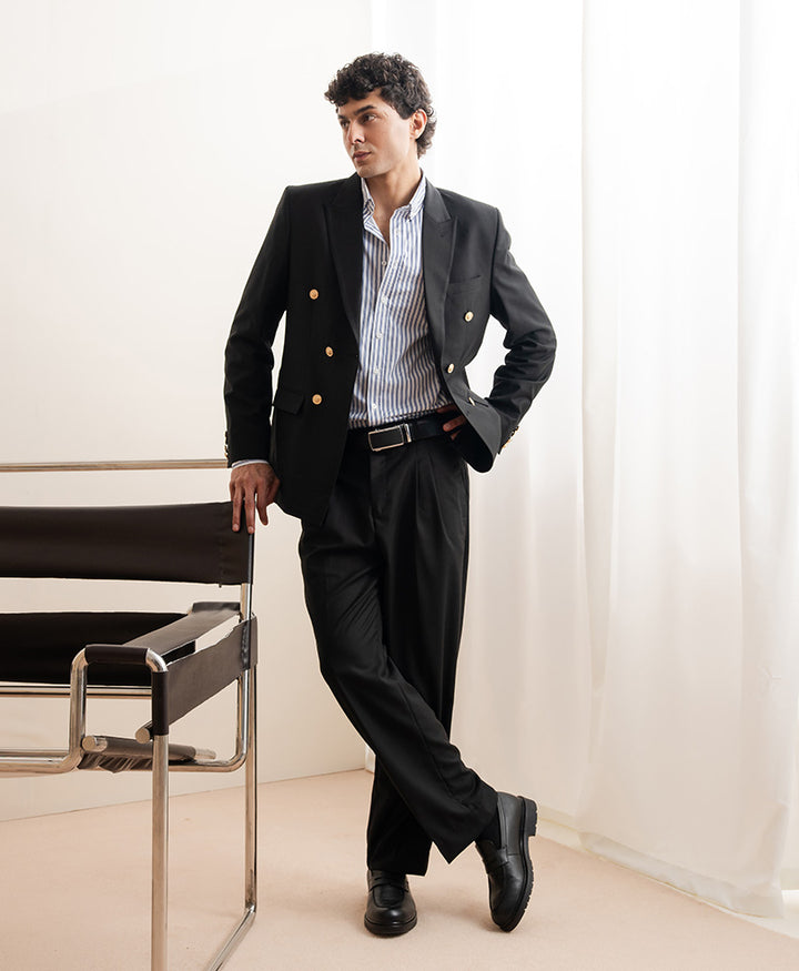 White & Navy Vertical Stripe Shirt (Slim Fit)