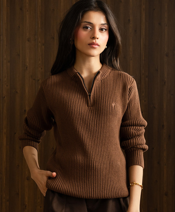 Toffee Mock Neck Zipper Sweater (Women)