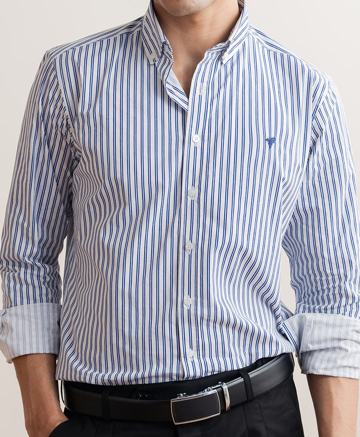 White & Navy Vertical Stripe Shirt (Slim Fit)