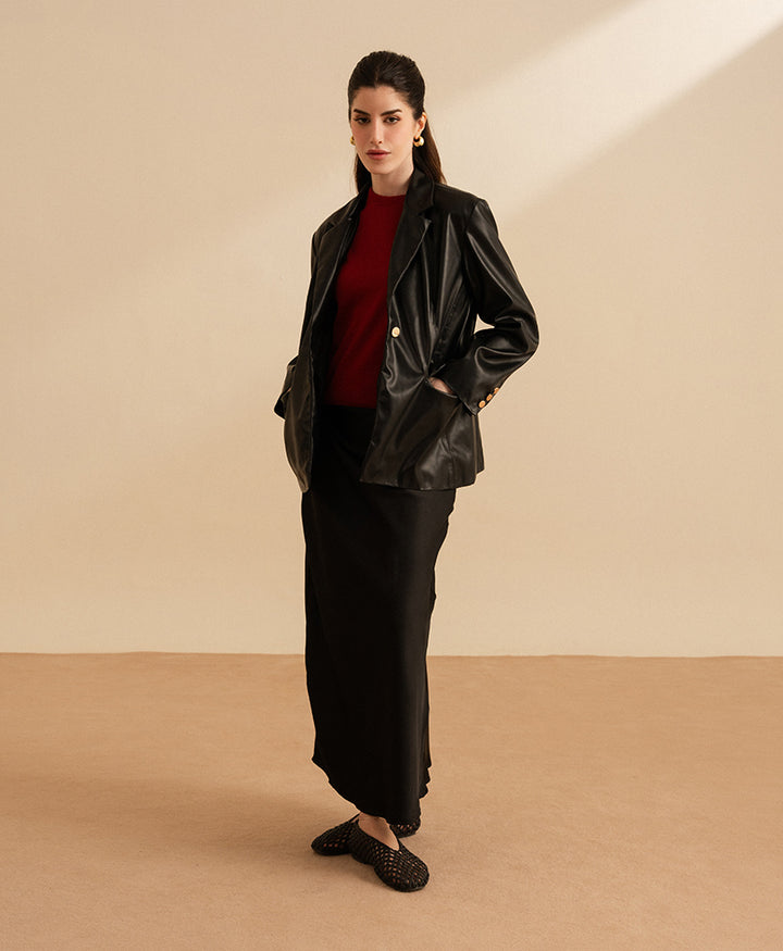 Black Leather Tailored Blazer (Women)