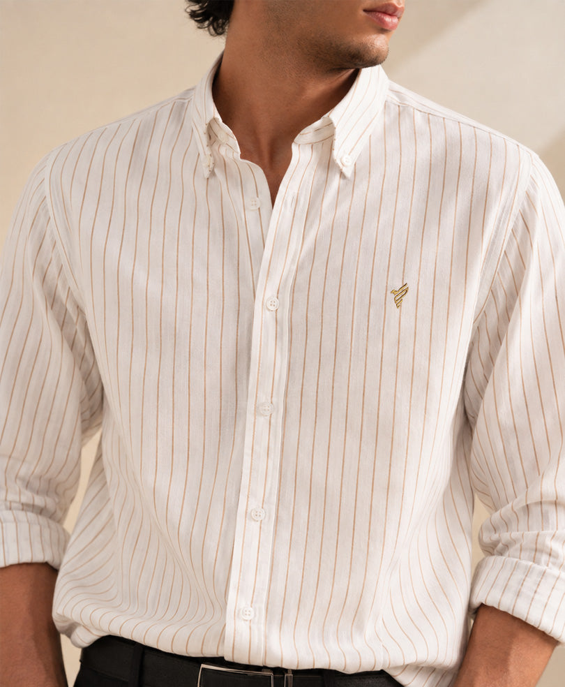White & Mustard Striped Shirt (Slim Fit)