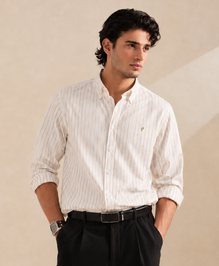 White & Mustard Striped Shirt (Slim Fit)