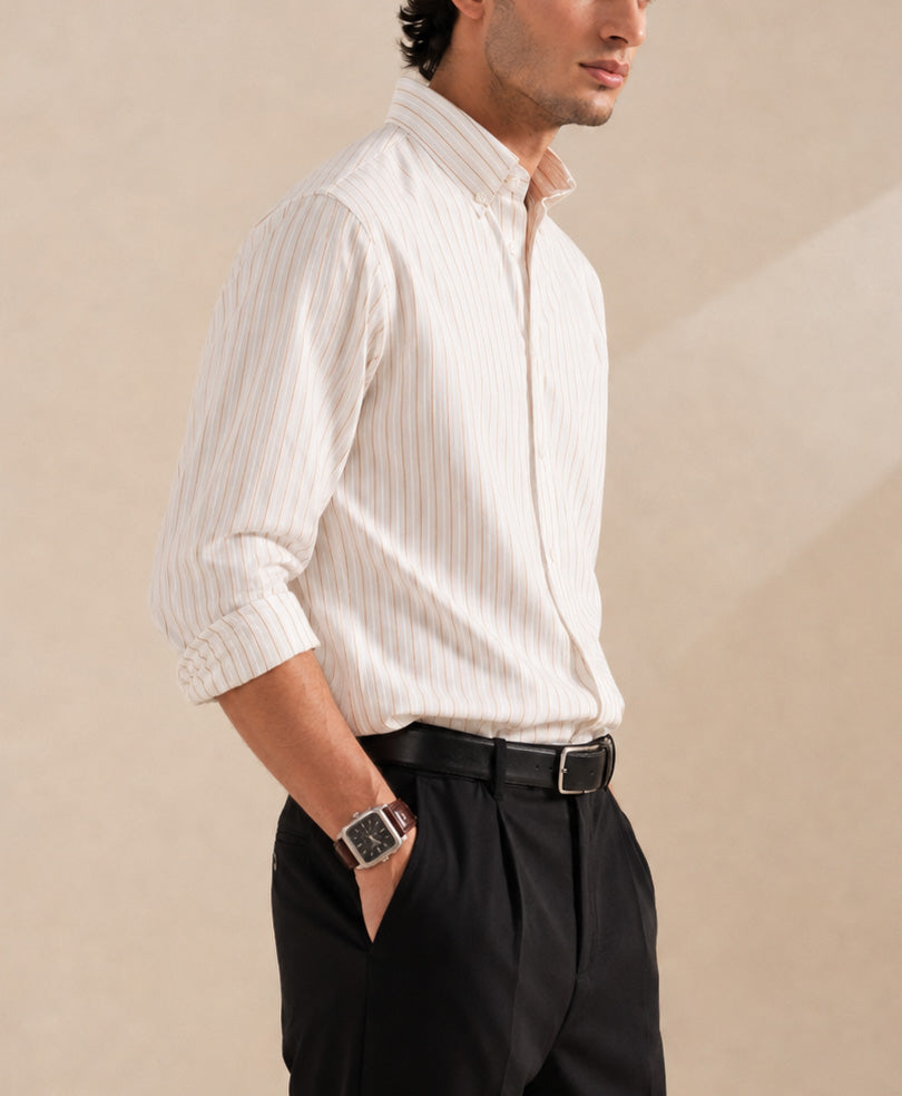 White & Mustard Striped Shirt (Slim Fit)