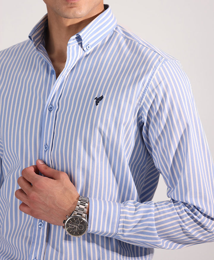 White & Navy Thick Striped Shirt (Slim Fit)