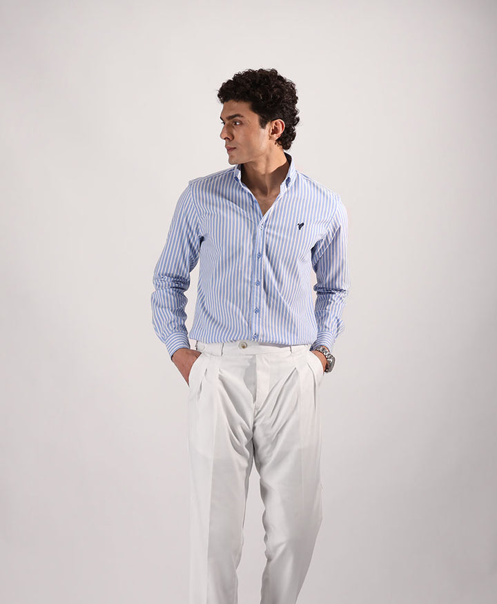 White & Navy Thick Striped Shirt (Slim Fit)