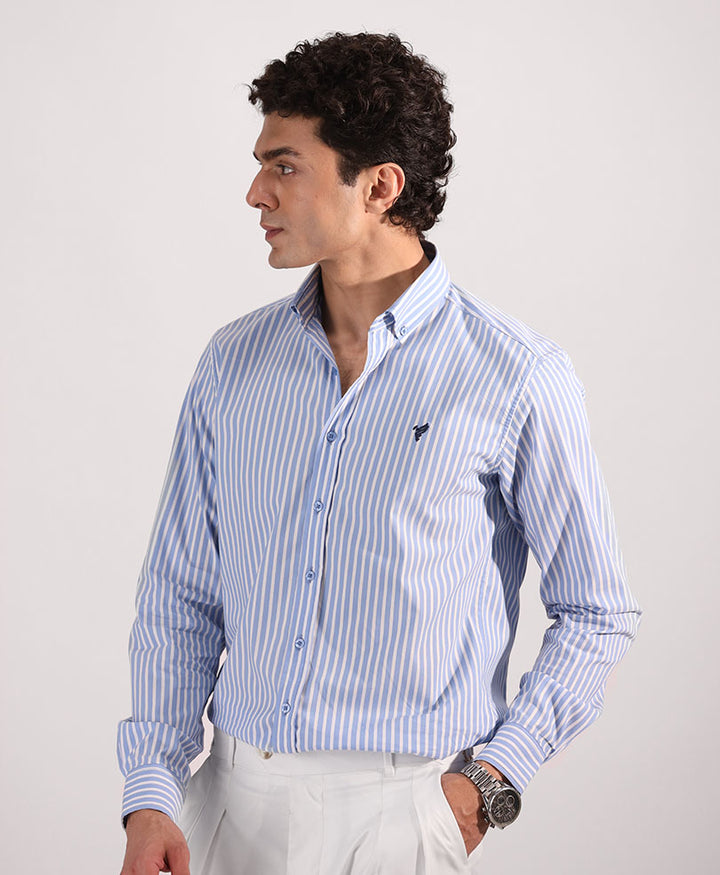 White & Navy Thick Striped Shirt (Slim Fit)