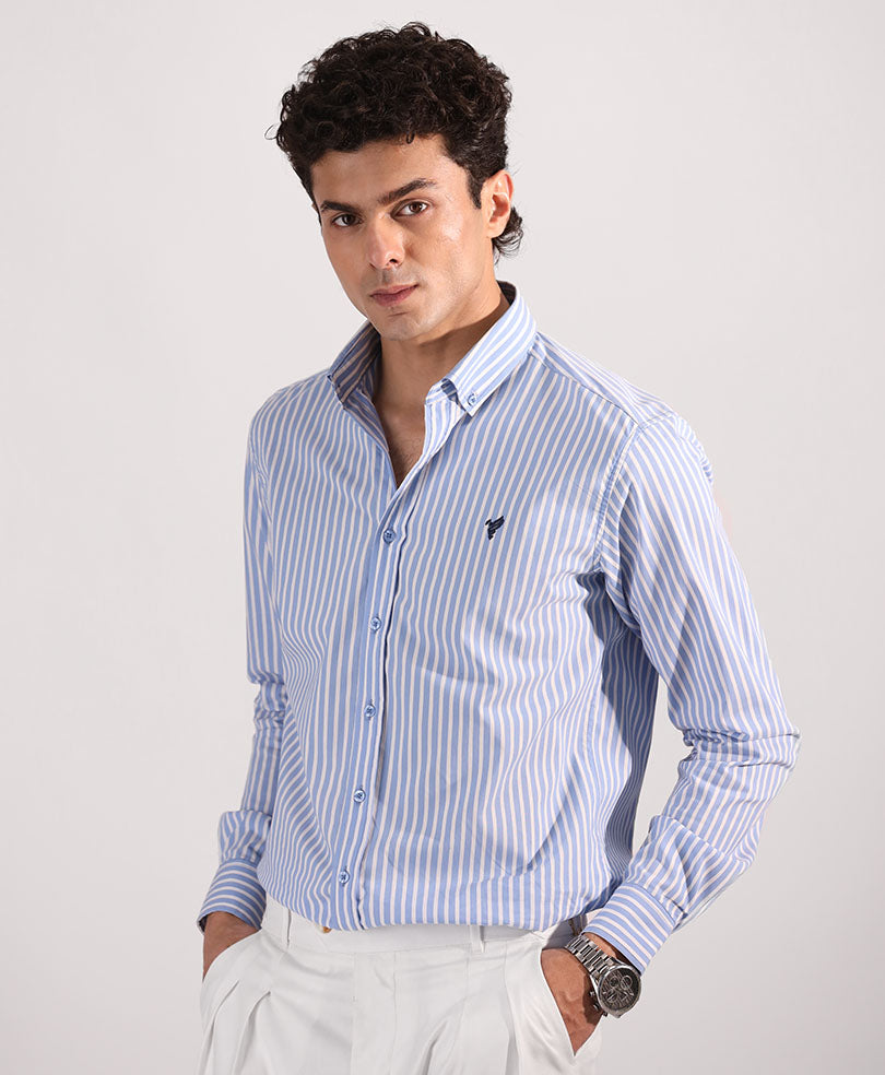 White & Navy Thick Striped Shirt (Slim Fit)