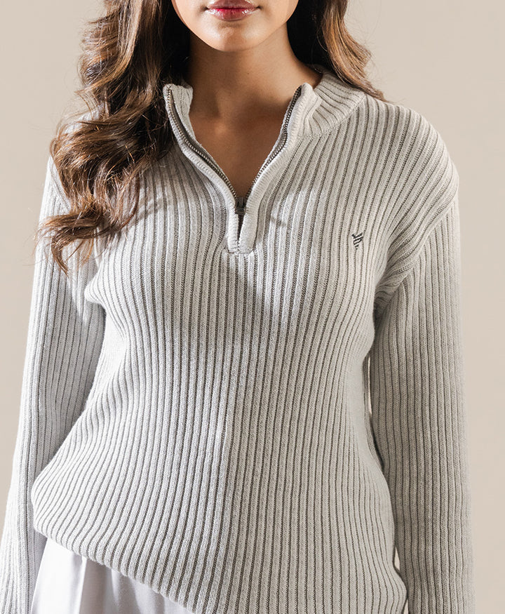 Grey Mock Neck Zipper Sweater (Women)