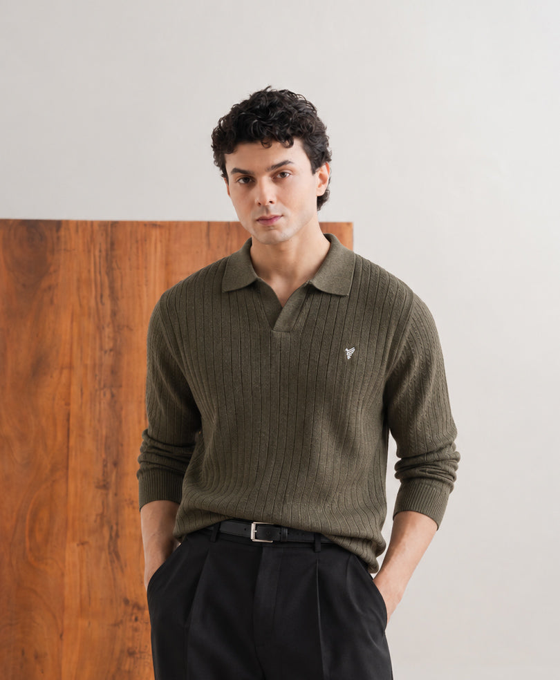 Dk Olive Basic Ribbed POLO Sweater