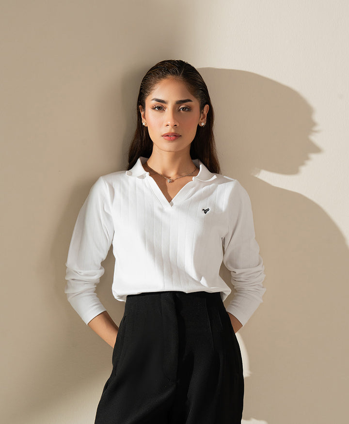 White V-Neck Drop Needle POLO (Women)