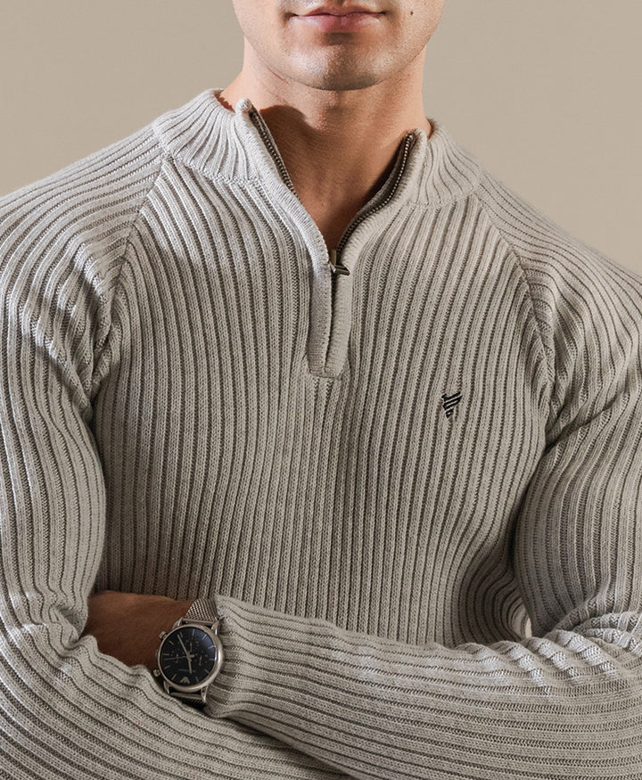 Grey Mock Neck Zipper Sweater