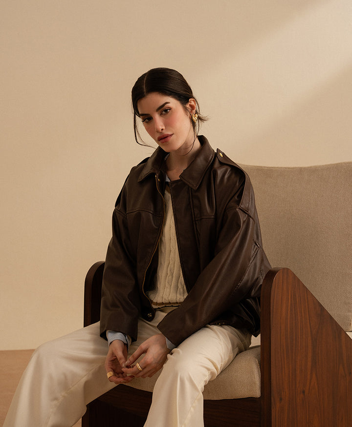 Textured Faux Leather Bomber Jacket (Women)