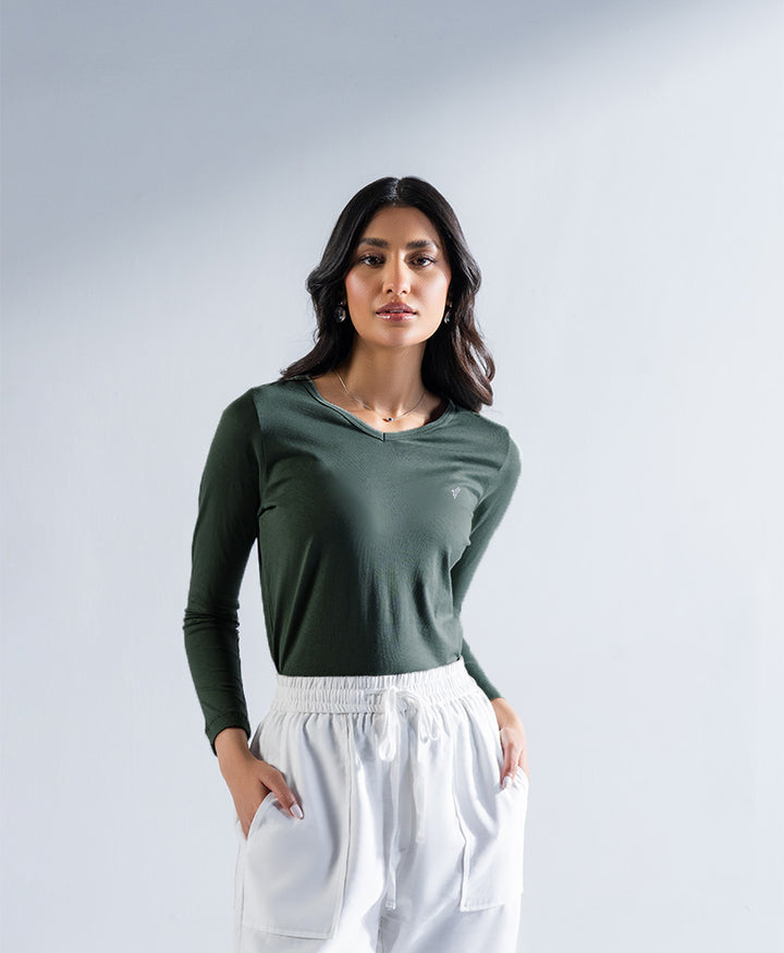 Green V-Neck Full Sleeve Crew (Women)