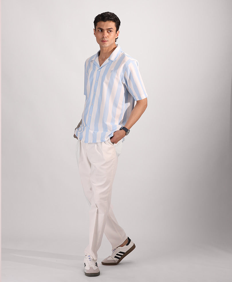 White & Lt Blue Striped Cuban Shirt